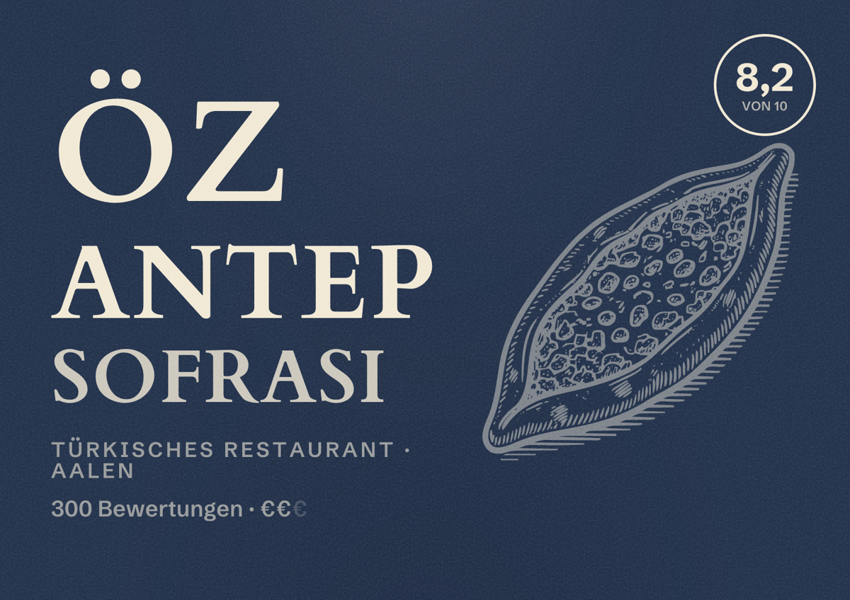 Illustriertes Poster von Öz Antep Sofrası, Türkisches Restaurant in Aalen: Bewertung 8,2 von 10 aus 300 Bewertungen, Preisniveau €€