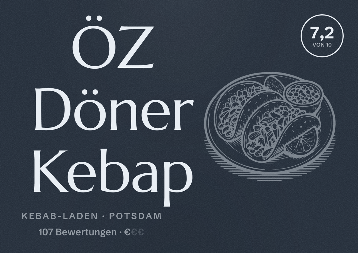 Illustriertes Poster von ÖZ Döner Kebap, Kebab-Laden in Potsdam: Bewertung 7,2 von 10 aus 107 Bewertungen, Preisniveau €