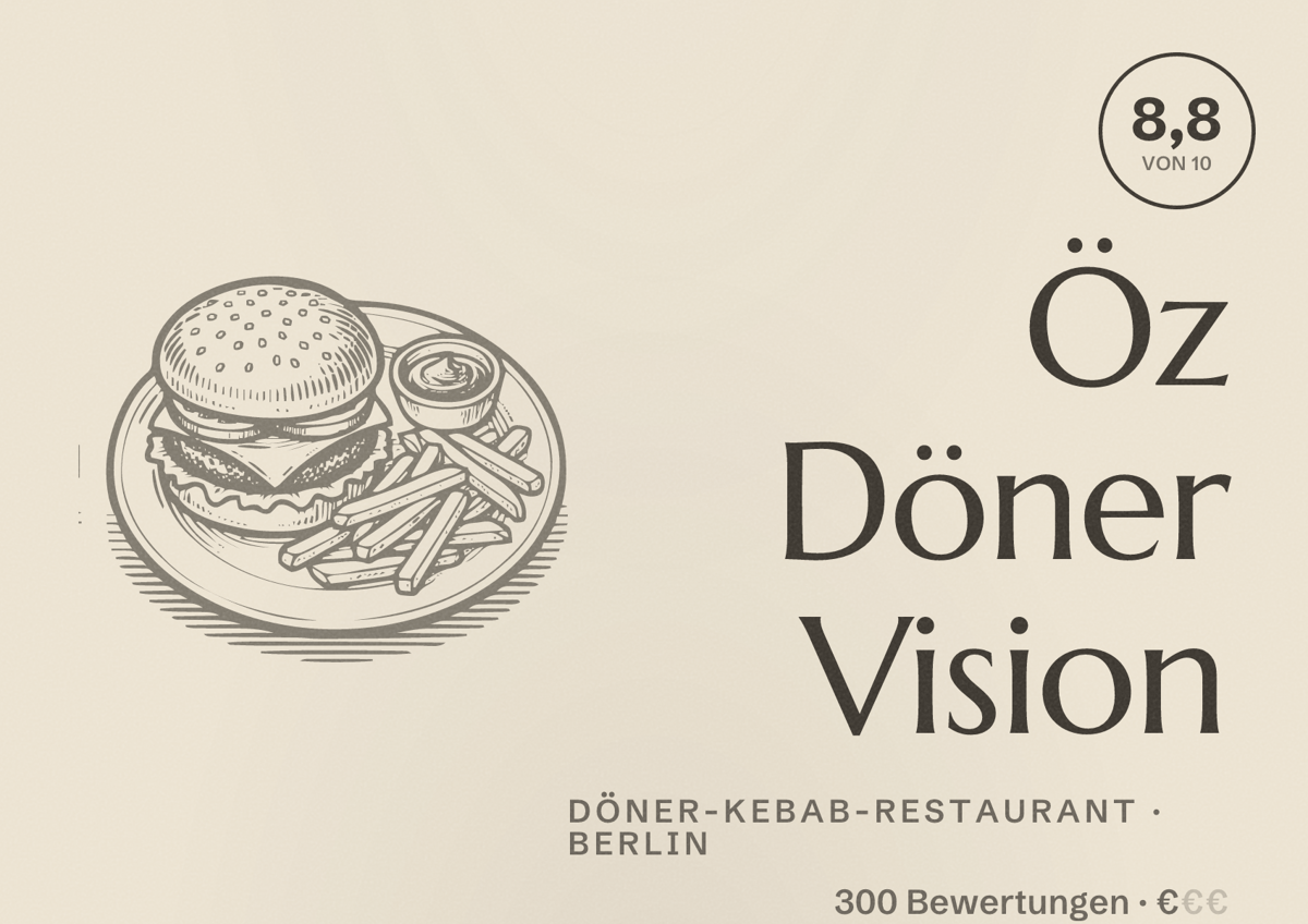 Illustriertes Poster von Öz Döner Vision, Döner-Kebab-Restaurant in Berlin: Bewertung 8,8 von 10 aus 300 Bewertungen, Preisniveau €
