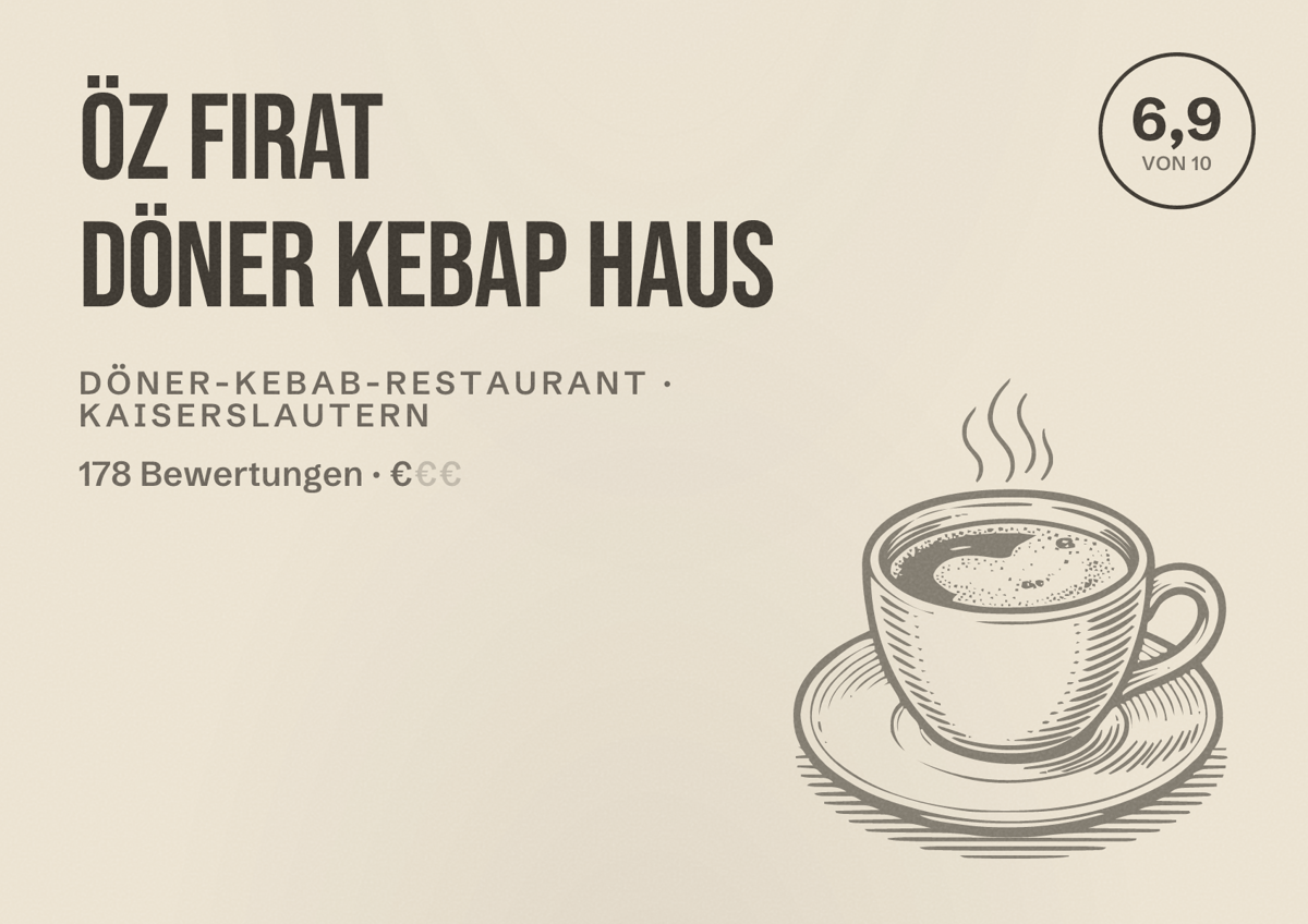 Illustriertes Poster von Öz Firat Döner Kebap Haus, Döner-Kebab-Restaurant in Kaiserslautern: Bewertung 6,9 von 10 aus 178 Bewertungen, Preisniveau €