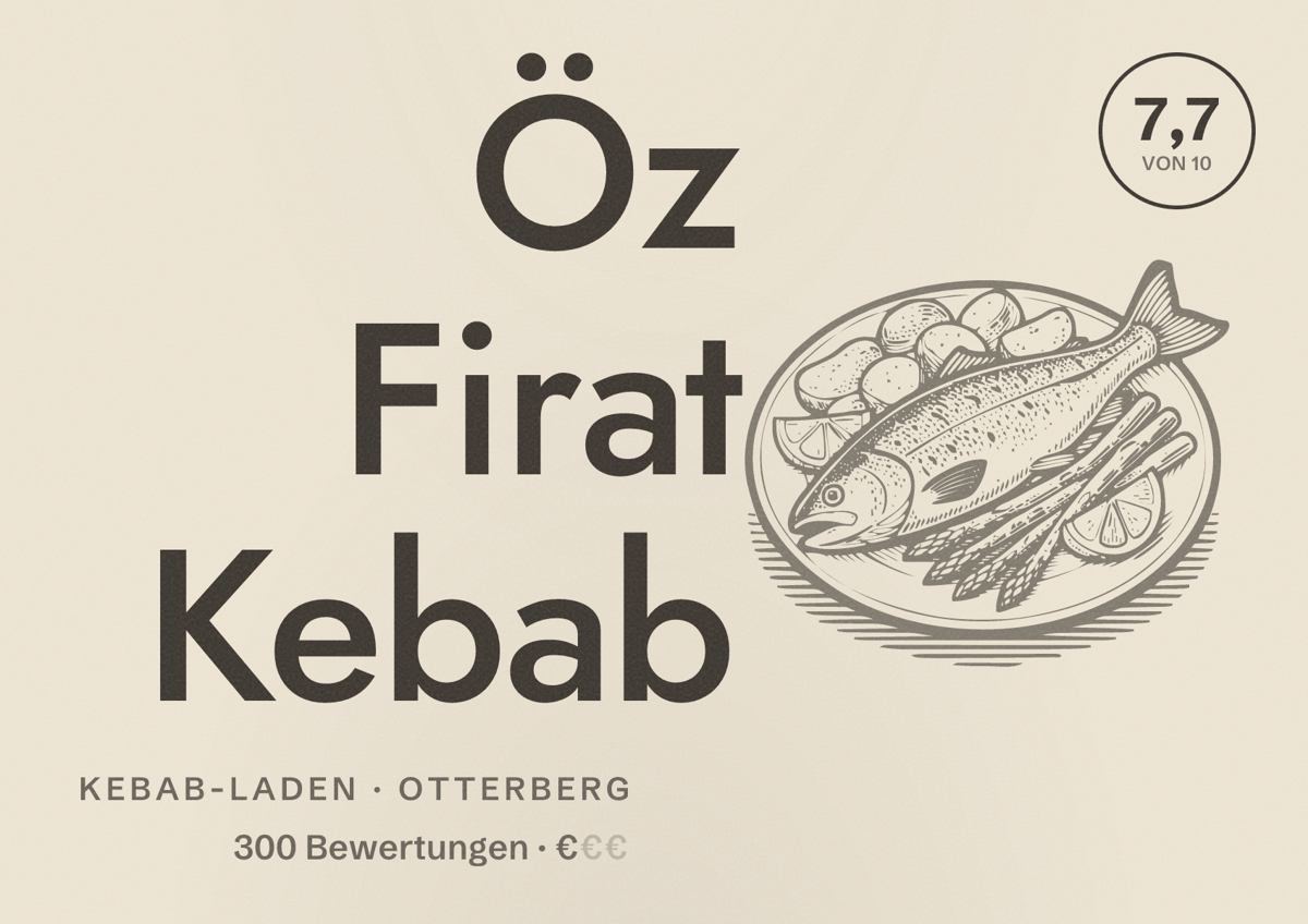 Illustriertes Poster von Öz Firat Kebab, Kebab-Laden in Otterberg: Bewertung 7,7 von 10 aus 300 Bewertungen, Preisniveau €