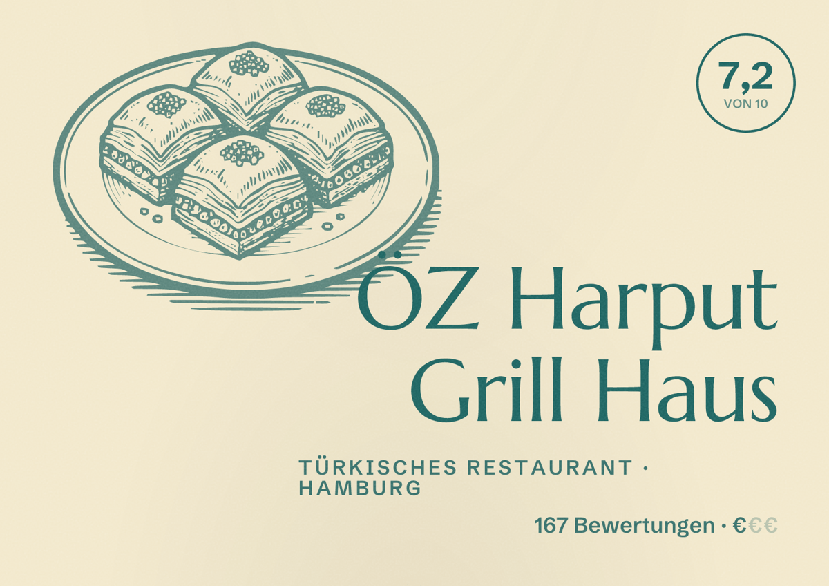 Illustriertes Poster von ÖZ Harput Grill Haus, Türkisches Restaurant in Hamburg: Bewertung 7,2 von 10 aus 167 Bewertungen, Preisniveau €