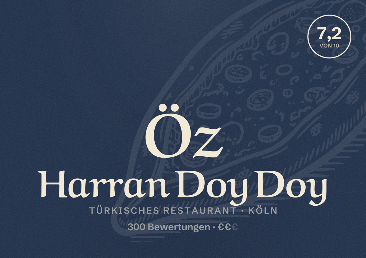 Illustriertes Poster von Öz Harran Doy Doy, Türkisches Restaurant in Köln: Bewertung 7,2 von 10 aus 300 Bewertungen, Preisniveau €€