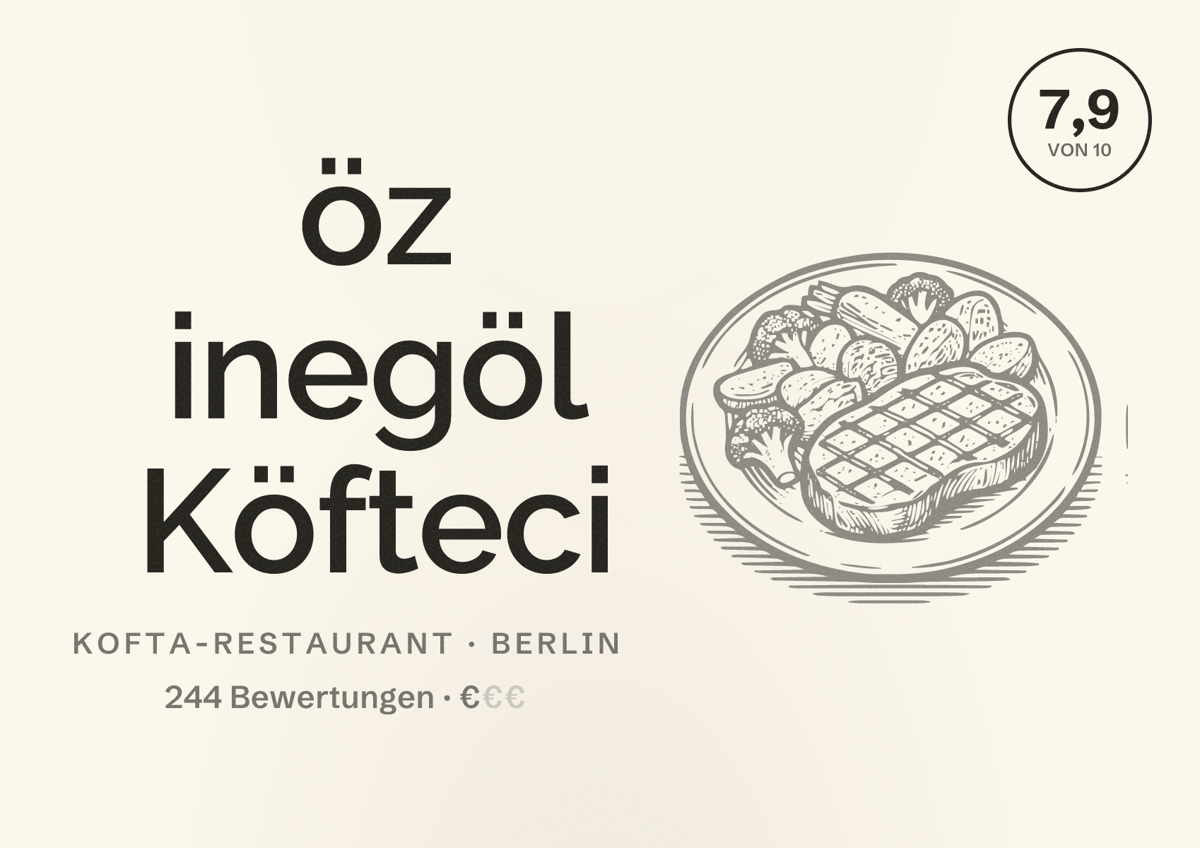 Illustriertes Poster von öz inegöl Köfteci, Kofta-Restaurant in Berlin: Bewertung 7,9 von 10 aus 244 Bewertungen, Preisniveau €