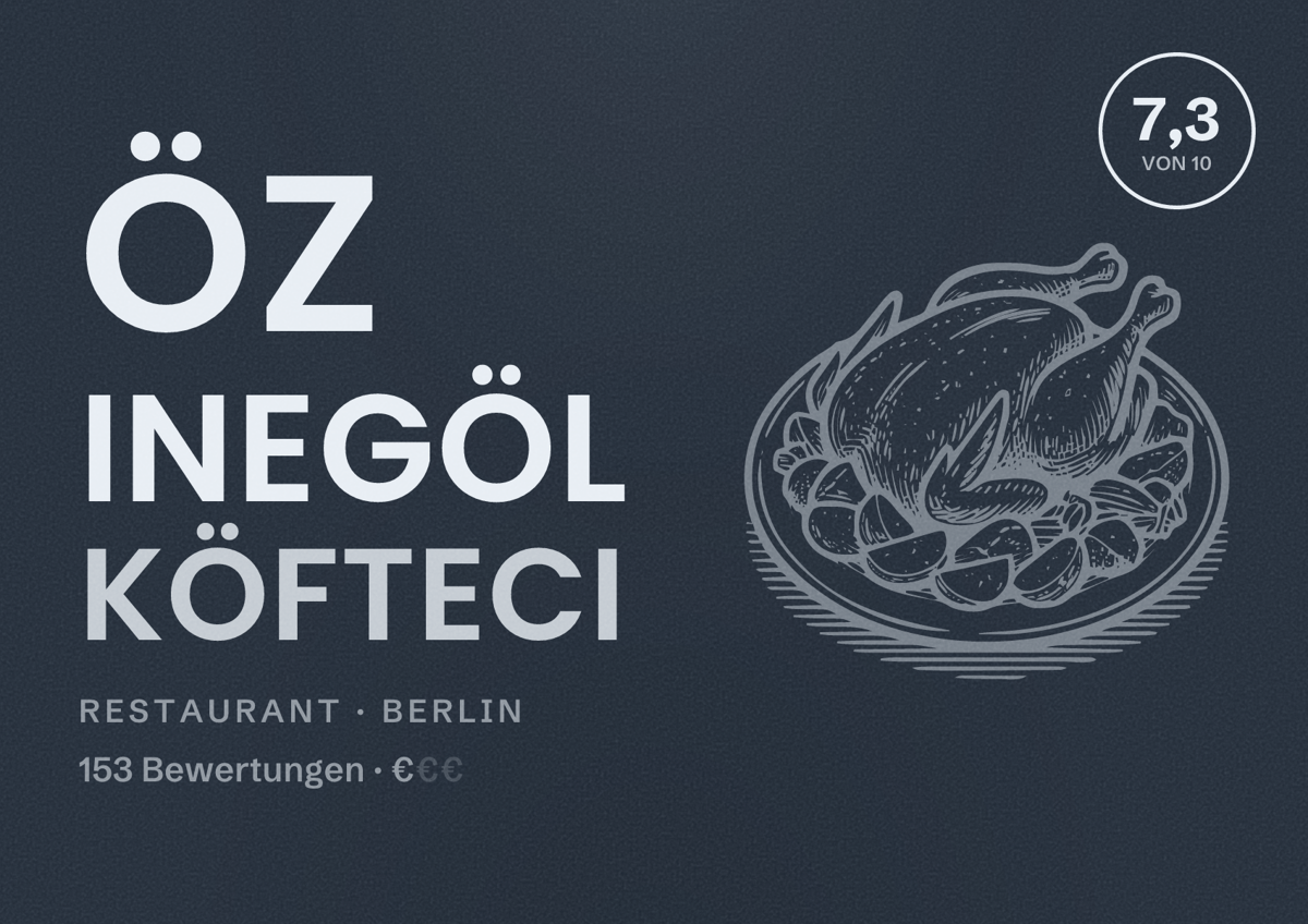Illustriertes Poster von Öz Inegöl Köfteci, Restaurant in Berlin: Bewertung 7,3 von 10 aus 153 Bewertungen, Preisniveau €