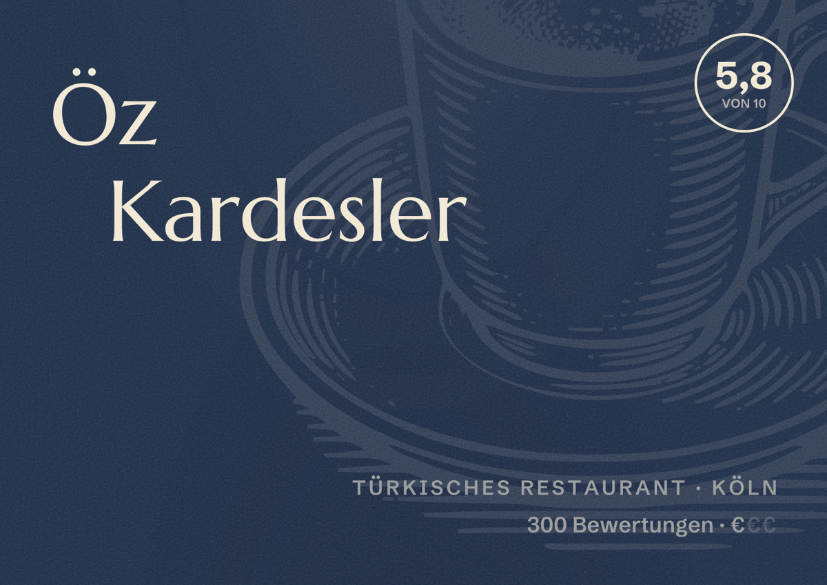 Illustriertes Poster von Öz Kardesler, Türkisches Restaurant in Köln: Bewertung 5,8 von 10 aus 300 Bewertungen, Preisniveau €