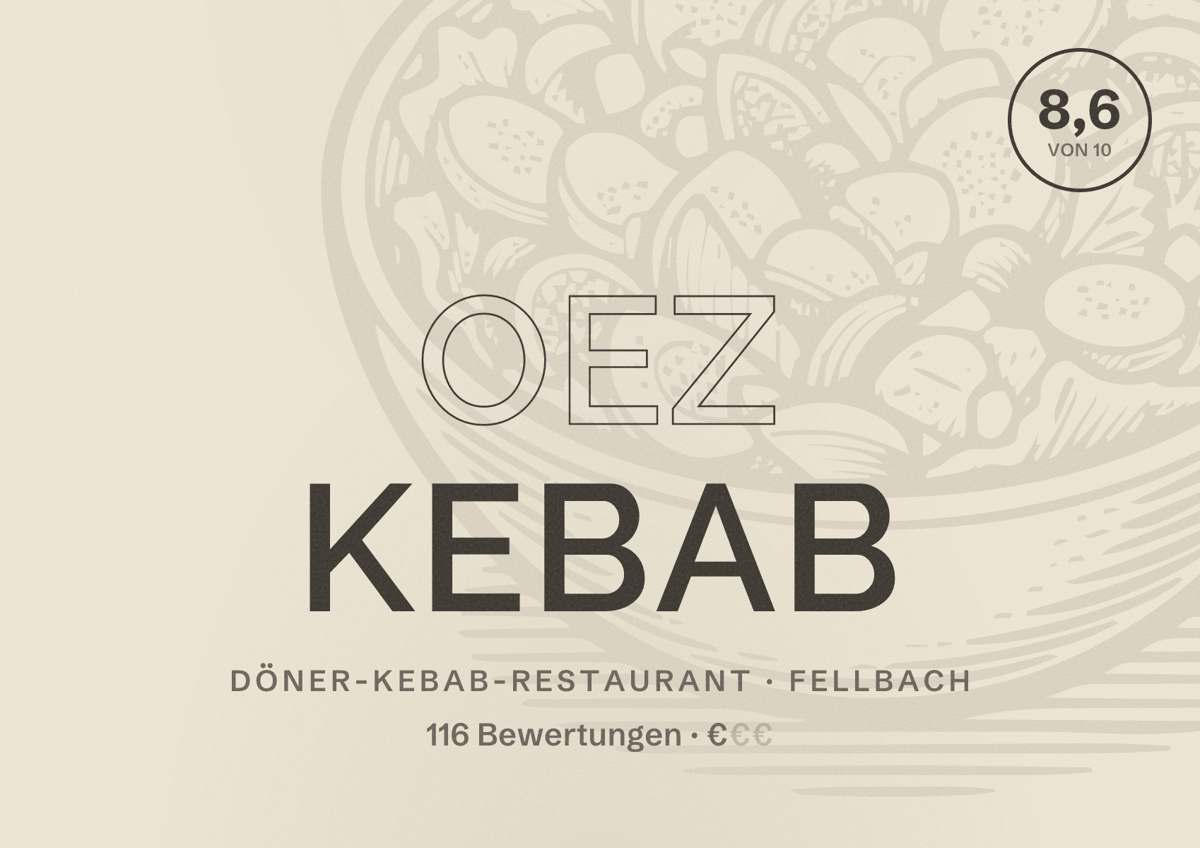 Illustriertes Poster von Oez Kebab, Döner-Kebab-Restaurant in Fellbach: Bewertung 8,6 von 10 aus 116 Bewertungen, Preisniveau €