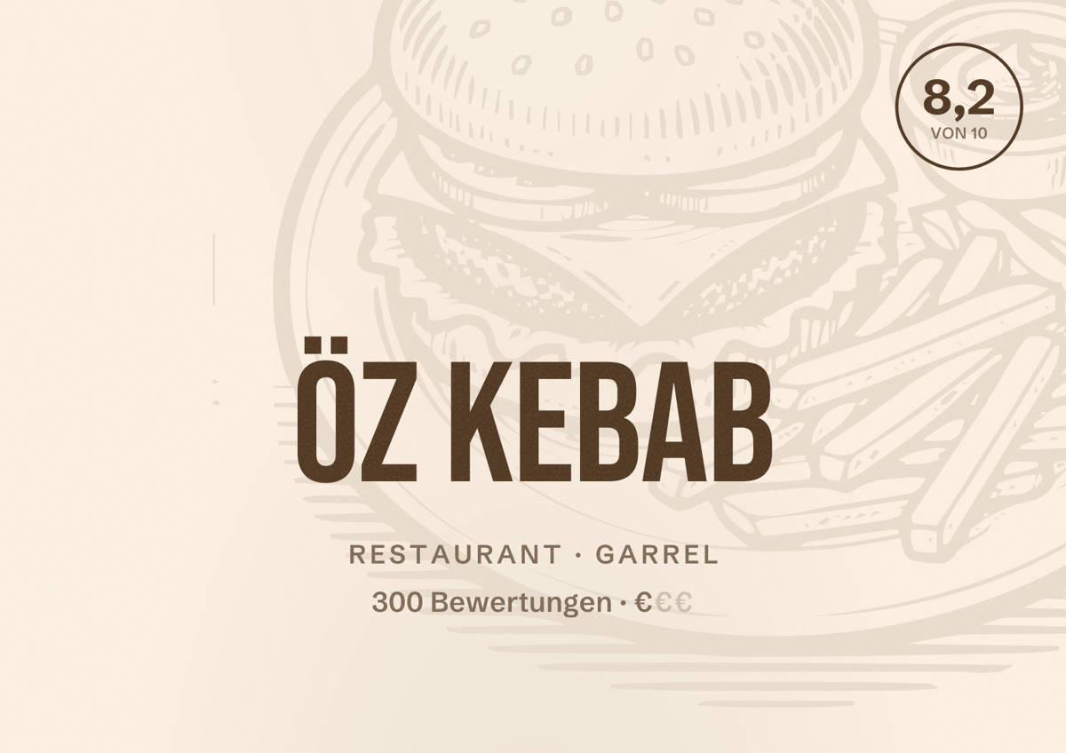 Illustriertes Poster von Öz Kebab, Restaurant in Garrel: Bewertung 8,2 von 10 aus 300 Bewertungen, Preisniveau €
