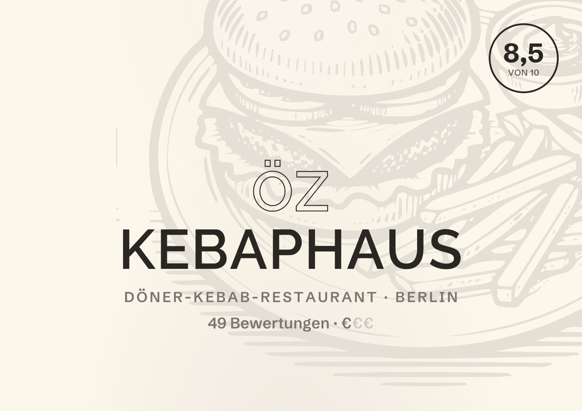 Illustriertes Poster von Öz kebaphaus, Döner-Kebab-Restaurant in Berlin: Bewertung 8,5 von 10 aus 49 Bewertungen, Preisniveau €