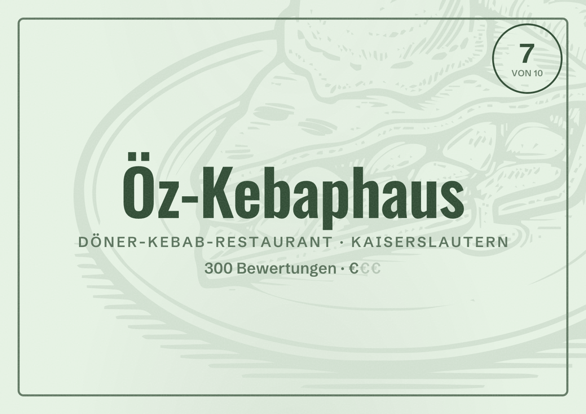 Illustriertes Poster von Öz-Kebaphaus, Döner-Kebab-Restaurant in Kaiserslautern: Bewertung 7 von 10 aus 300 Bewertungen, Preisniveau €