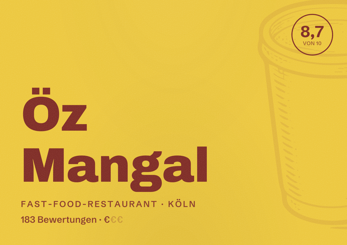 Illustriertes Poster von Öz Mangal, Fast-Food-Restaurant in Köln: Bewertung 8,7 von 10 aus 183 Bewertungen, Preisniveau €