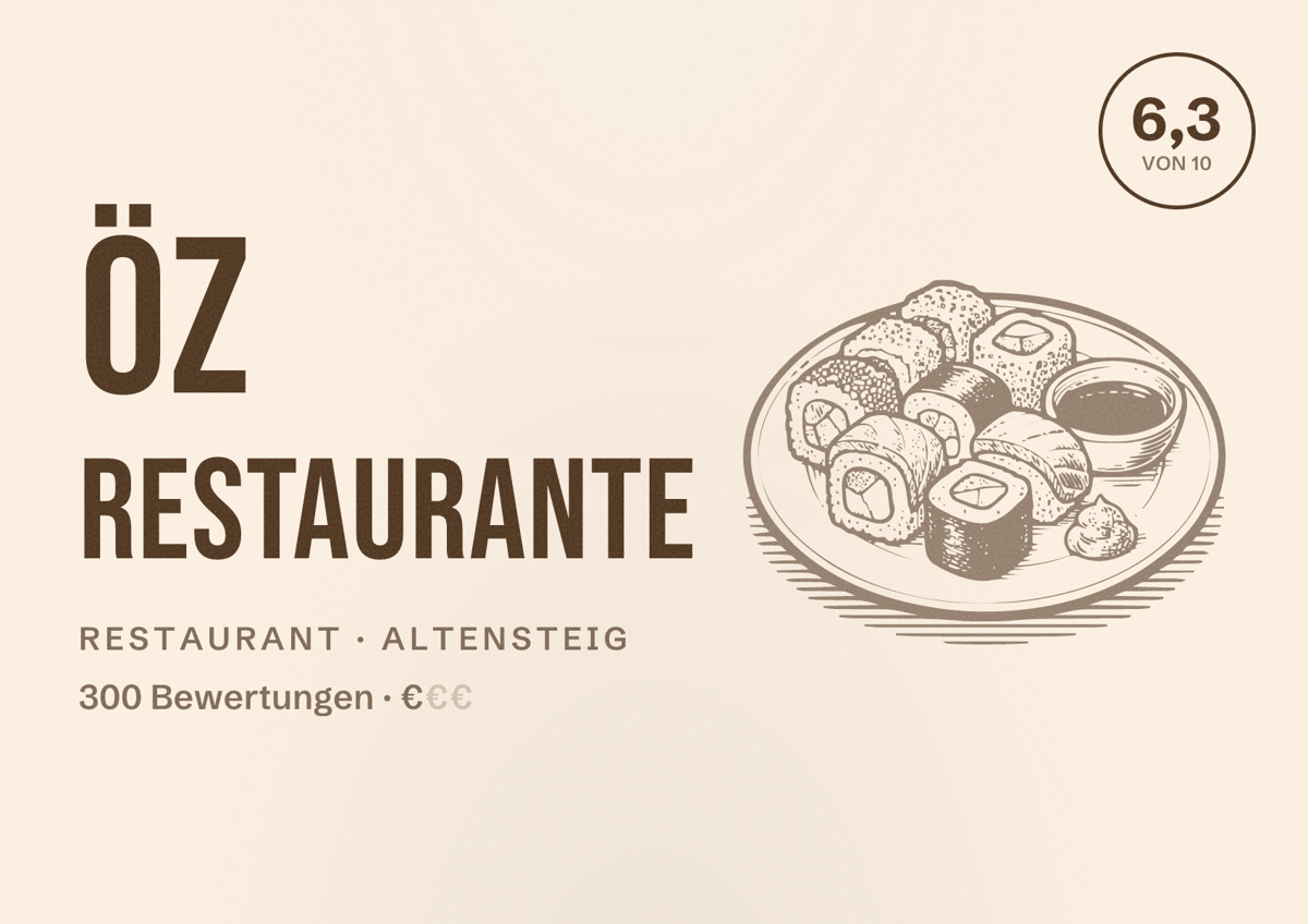 Illustriertes Poster von Öz Restaurante, Restaurant in Altensteig: Bewertung 6,3 von 10 aus 300 Bewertungen, Preisniveau €