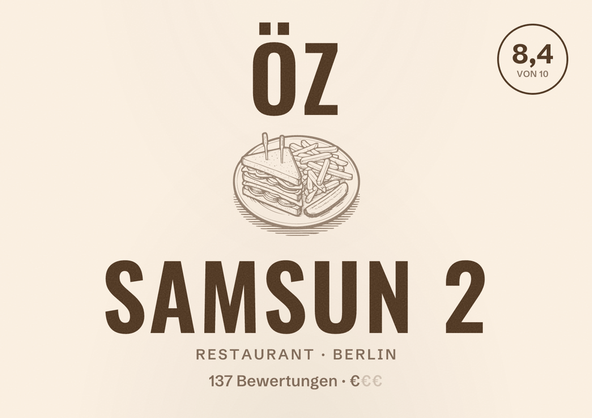 Illustriertes Poster von Öz Samsun 2, Restaurant in Berlin: Bewertung 8,4 von 10 aus 137 Bewertungen, Preisniveau €