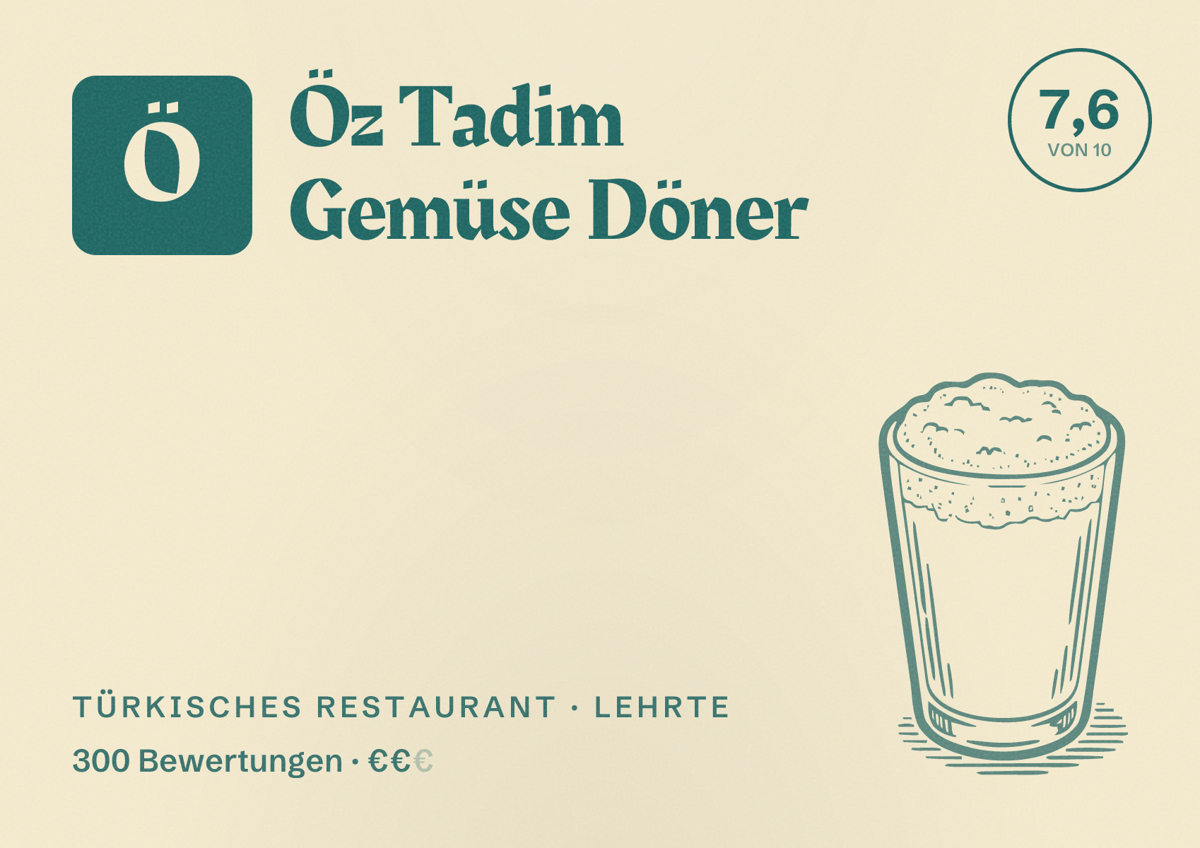 Illustriertes Poster von Öz Tadim Gemüse Döner, Türkisches Restaurant in Lehrte: Bewertung 7,6 von 10 aus 300 Bewertungen, Preisniveau €€