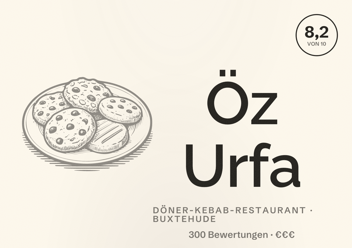 Illustriertes Poster von Öz Urfa, Döner-Kebab-Restaurant in Buxtehude: Bewertung 8,2 von 10 aus 300 Bewertungen, Preisniveau €€€