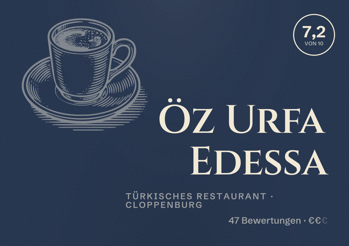 Illustriertes Poster von Öz Urfa Edessa, Türkisches Restaurant in Cloppenburg: Bewertung 7,2 von 10 aus 47 Bewertungen, Preisniveau €€