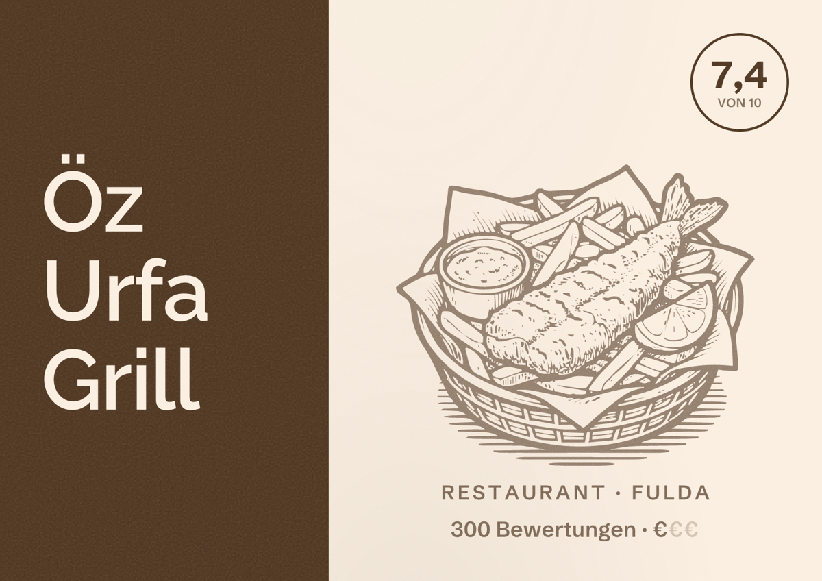 Illustriertes Poster von Öz Urfa Grill, Restaurant in Fulda: Bewertung 7,4 von 10 aus 300 Bewertungen, Preisniveau €