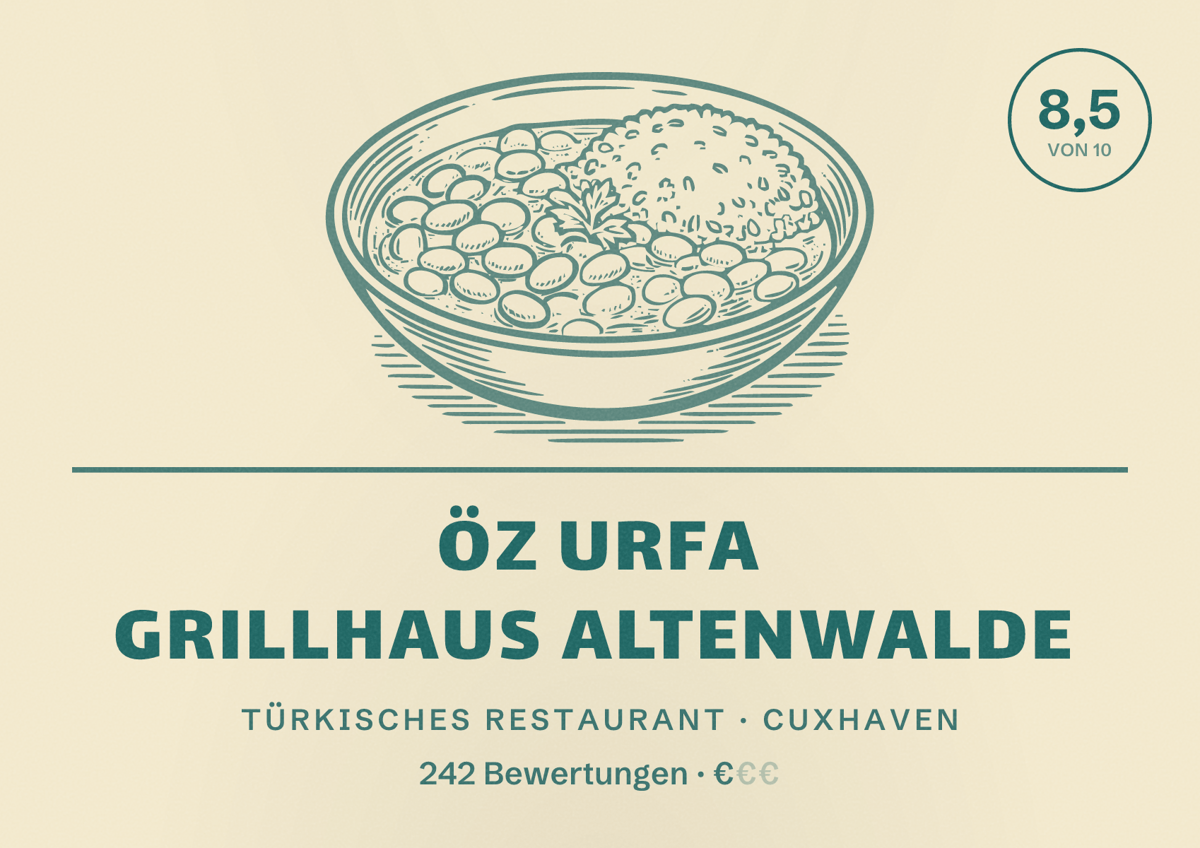 Illustriertes Poster von Öz Urfa Grillhaus Altenwalde, Türkisches Restaurant in Cuxhaven: Bewertung 8,5 von 10 aus 242 Bewertungen, Preisniveau €