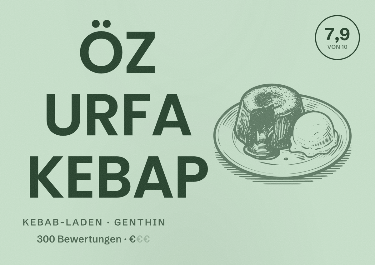 Illustriertes Poster von ÖZ URFA KEBAP, Kebab-Laden in Genthin: Bewertung 7,9 von 10 aus 300 Bewertungen, Preisniveau €