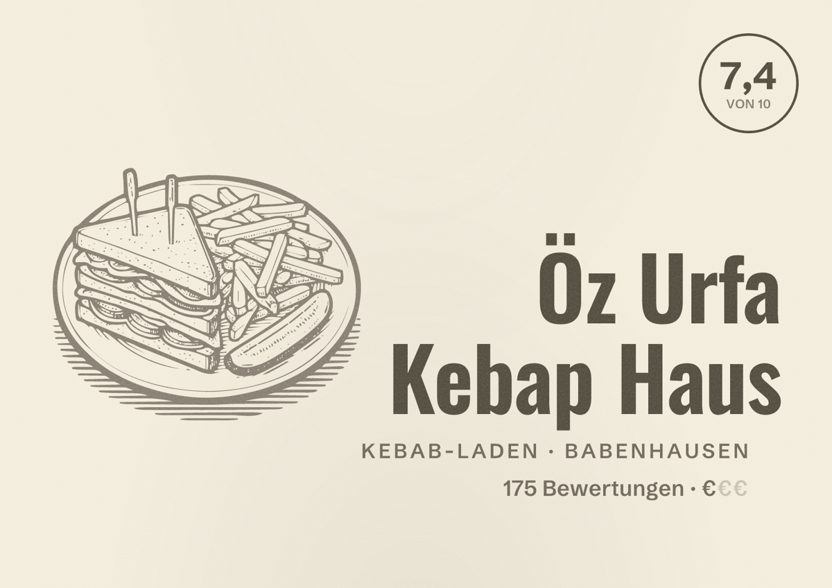 Illustriertes Poster von Öz Urfa Kebap Haus, Kebab-Laden in Babenhausen: Bewertung 7,4 von 10 aus 175 Bewertungen, Preisniveau €