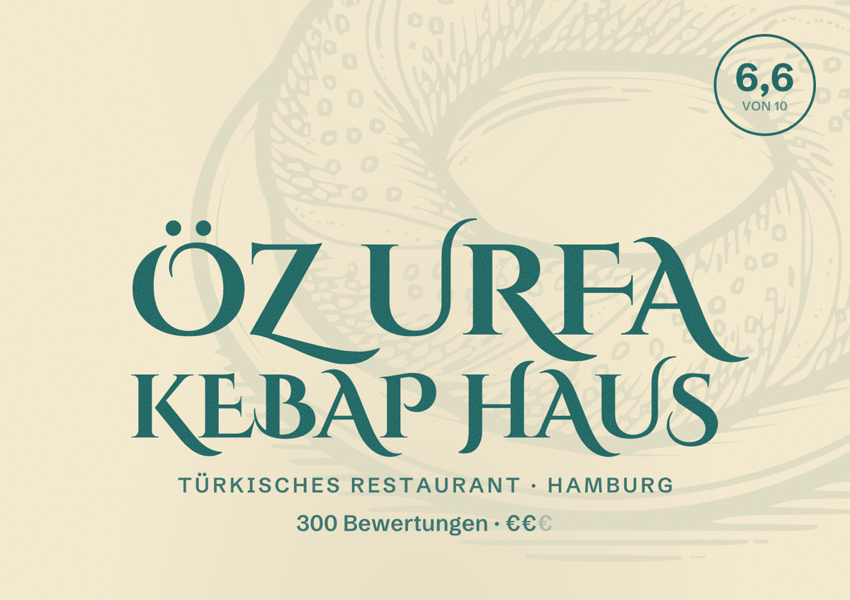 Illustriertes Poster von Öz Urfa Kebap Haus, Türkisches Restaurant in Hamburg: Bewertung 6,6 von 10 aus 300 Bewertungen, Preisniveau €€