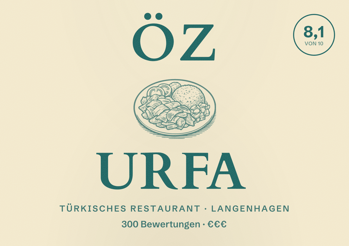 Illustriertes Poster von Öz Urfa, Türkisches Restaurant in Langenhagen: Bewertung 8,1 von 10 aus 300 Bewertungen, Preisniveau €€€