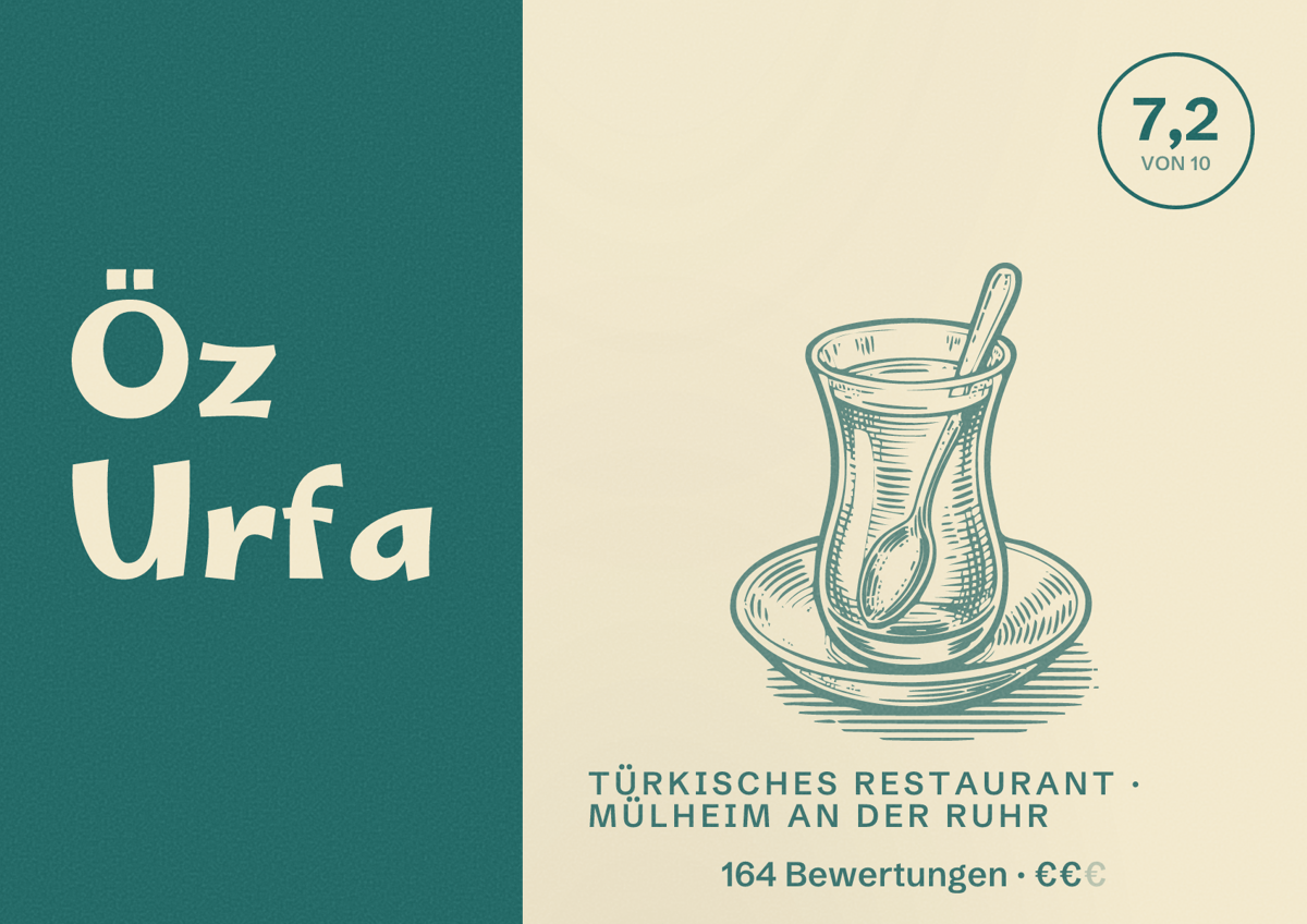 Illustriertes Poster von Öz Urfa, Türkisches Restaurant in Mülheim an der Ruhr: Bewertung 7,2 von 10 aus 164 Bewertungen, Preisniveau €€