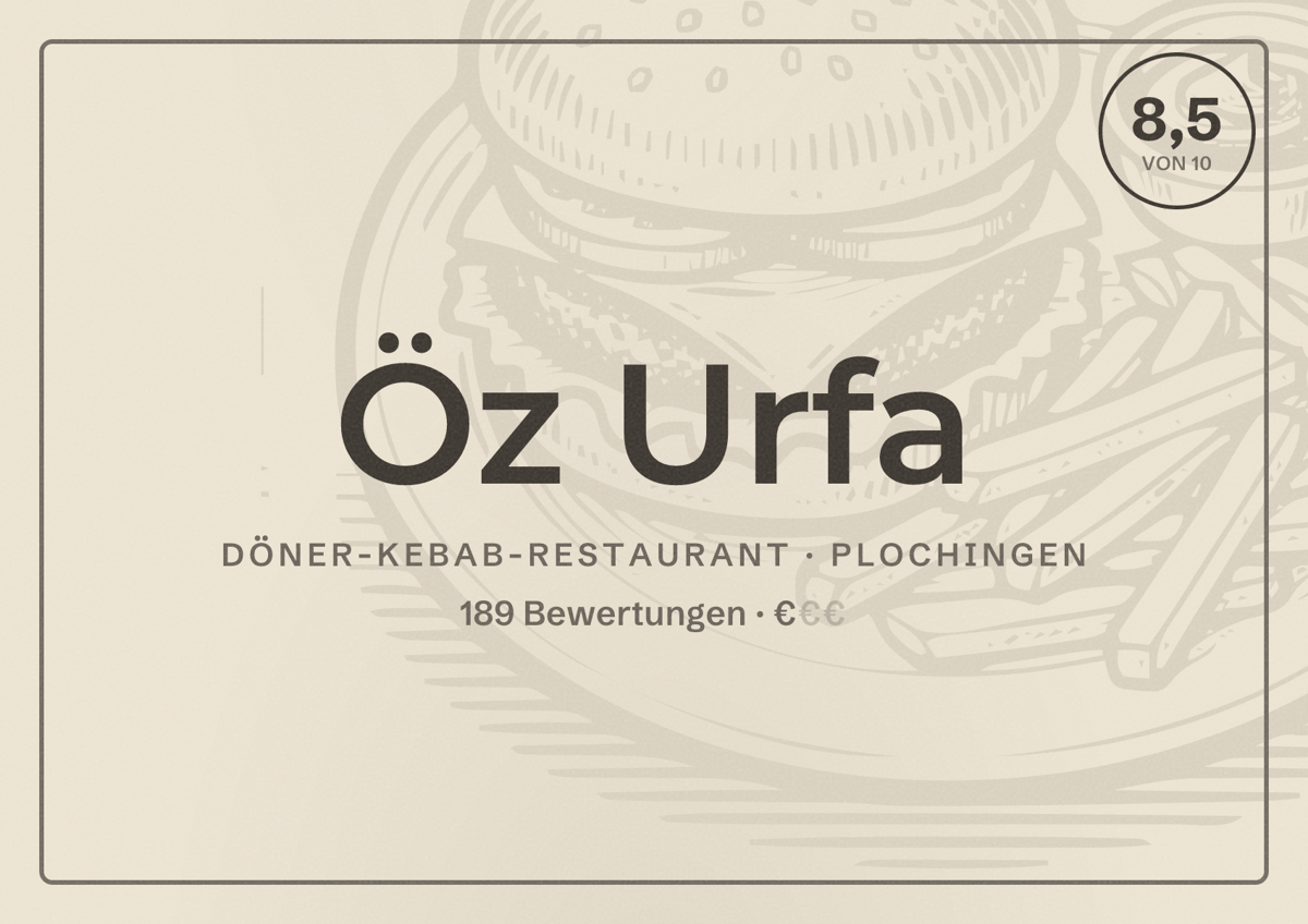 Illustriertes Poster von Öz Urfa, Döner-Kebab-Restaurant in Plochingen: Bewertung 8,5 von 10 aus 189 Bewertungen, Preisniveau €