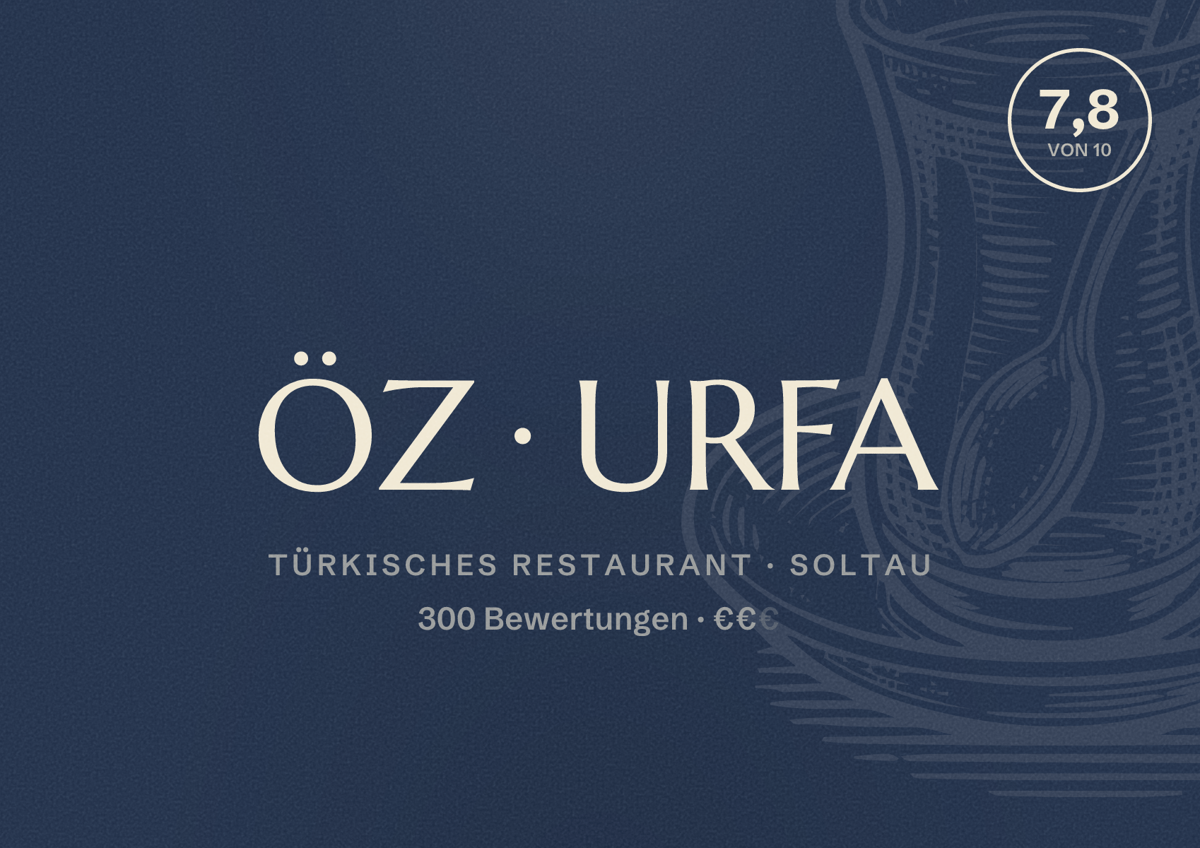 Illustriertes Poster von ÖZ URFA, Türkisches Restaurant in Soltau: Bewertung 7,8 von 10 aus 300 Bewertungen, Preisniveau €€
