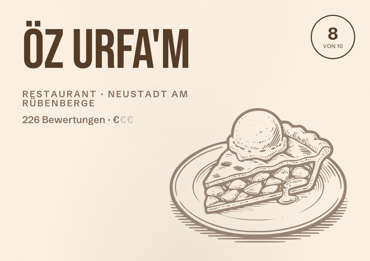 Illustriertes Poster von Öz Urfa'm, Restaurant in Neustadt am Rübenberge: Bewertung 8 von 10 aus 226 Bewertungen, Preisniveau €