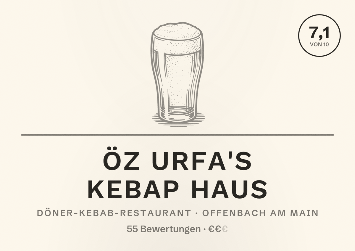 Illustriertes Poster von Öz Urfa's Kebap Haus, Döner-Kebab-Restaurant in Offenbach am Main: Bewertung 7,1 von 10 aus 55 Bewertungen, Preisniveau €€