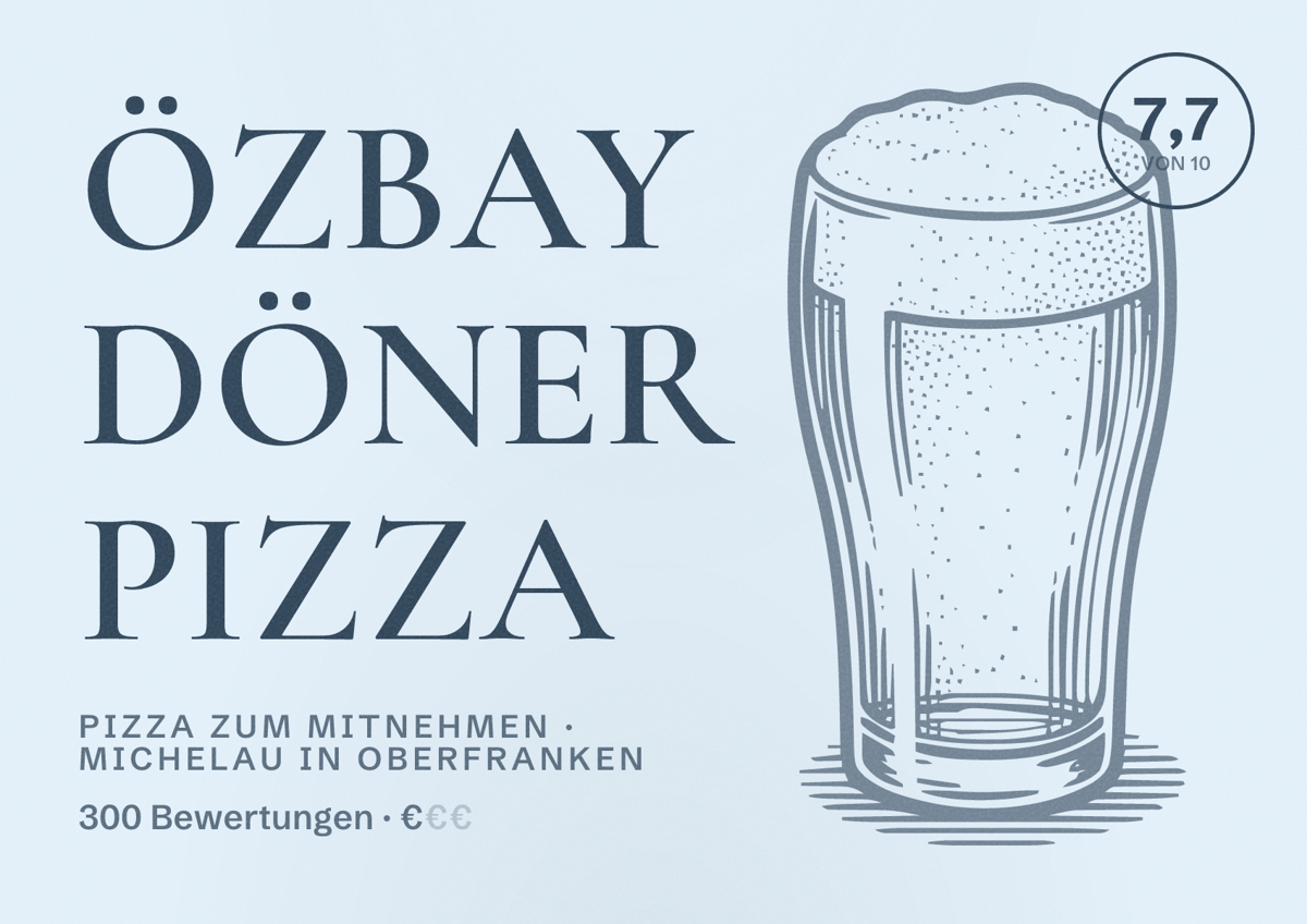 Illustriertes Poster von Özbay Döner Pizza, Pizza zum Mitnehmen in Michelau in Oberfranken: Bewertung 7,7 von 10 aus 300 Bewertungen, Preisniveau €