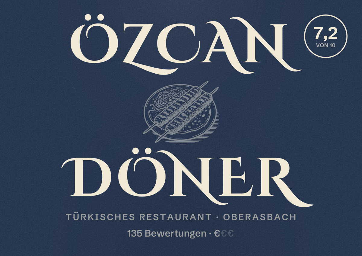 Illustriertes Poster von Özcan Döner, Türkisches Restaurant in Oberasbach: Bewertung 7,2 von 10 aus 135 Bewertungen, Preisniveau €