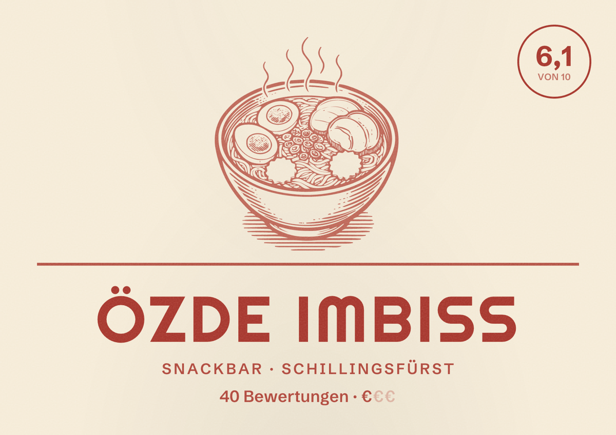 Illustriertes Poster von Özde Imbiss, Snackbar in Schillingsfürst: Bewertung 6,1 von 10 aus 40 Bewertungen, Preisniveau €