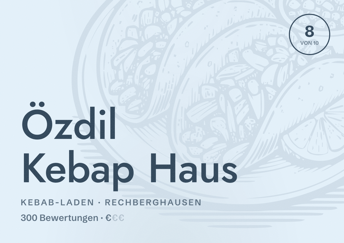 Illustriertes Poster von Özdil Kebap Haus, Kebab-Laden in Rechberghausen: Bewertung 8 von 10 aus 300 Bewertungen, Preisniveau €
