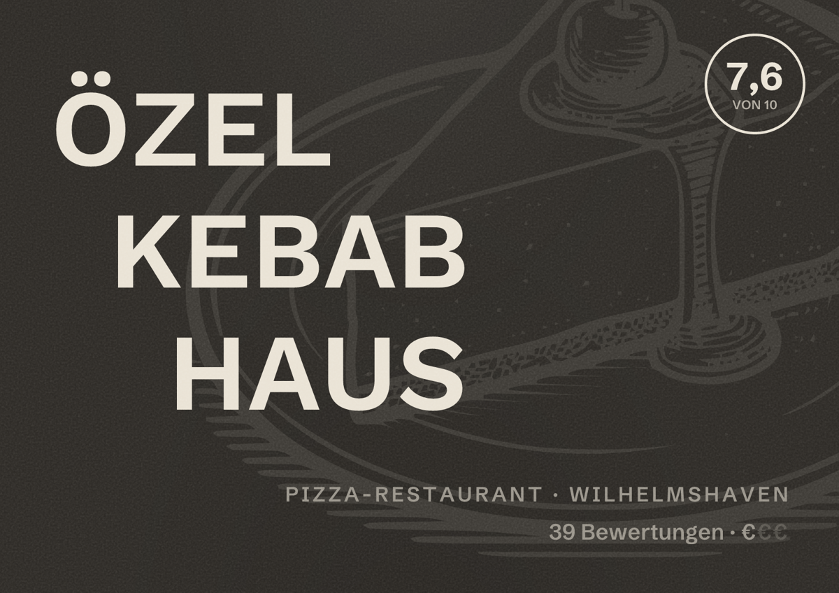 Illustriertes Poster von ÖZEL KEBAB HAUS, Pizza-Restaurant in Wilhelmshaven: Bewertung 7,6 von 10 aus 39 Bewertungen, Preisniveau €