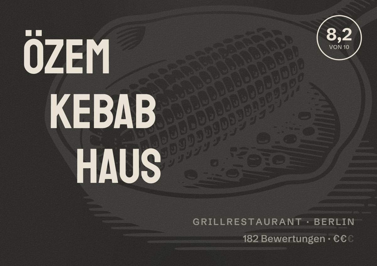 Illustriertes Poster von ÖZEM Kebab Haus, Grillrestaurant in Berlin: Bewertung 8,2 von 10 aus 182 Bewertungen, Preisniveau €€