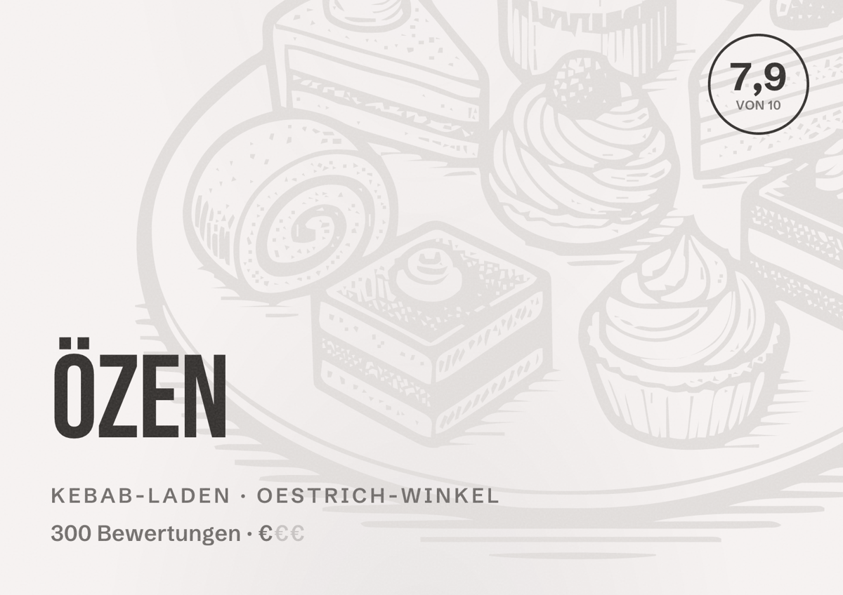 Illustriertes Poster von Özen, Kebab-Laden in Oestrich-Winkel: Bewertung 7,9 von 10 aus 300 Bewertungen, Preisniveau €