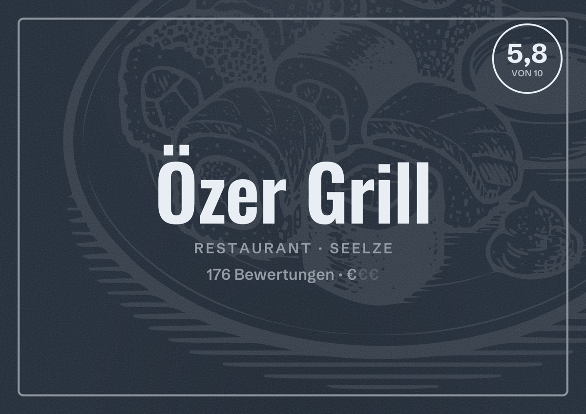 Illustriertes Poster von Özer Grill, Restaurant in Seelze: Bewertung 5,8 von 10 aus 176 Bewertungen, Preisniveau €