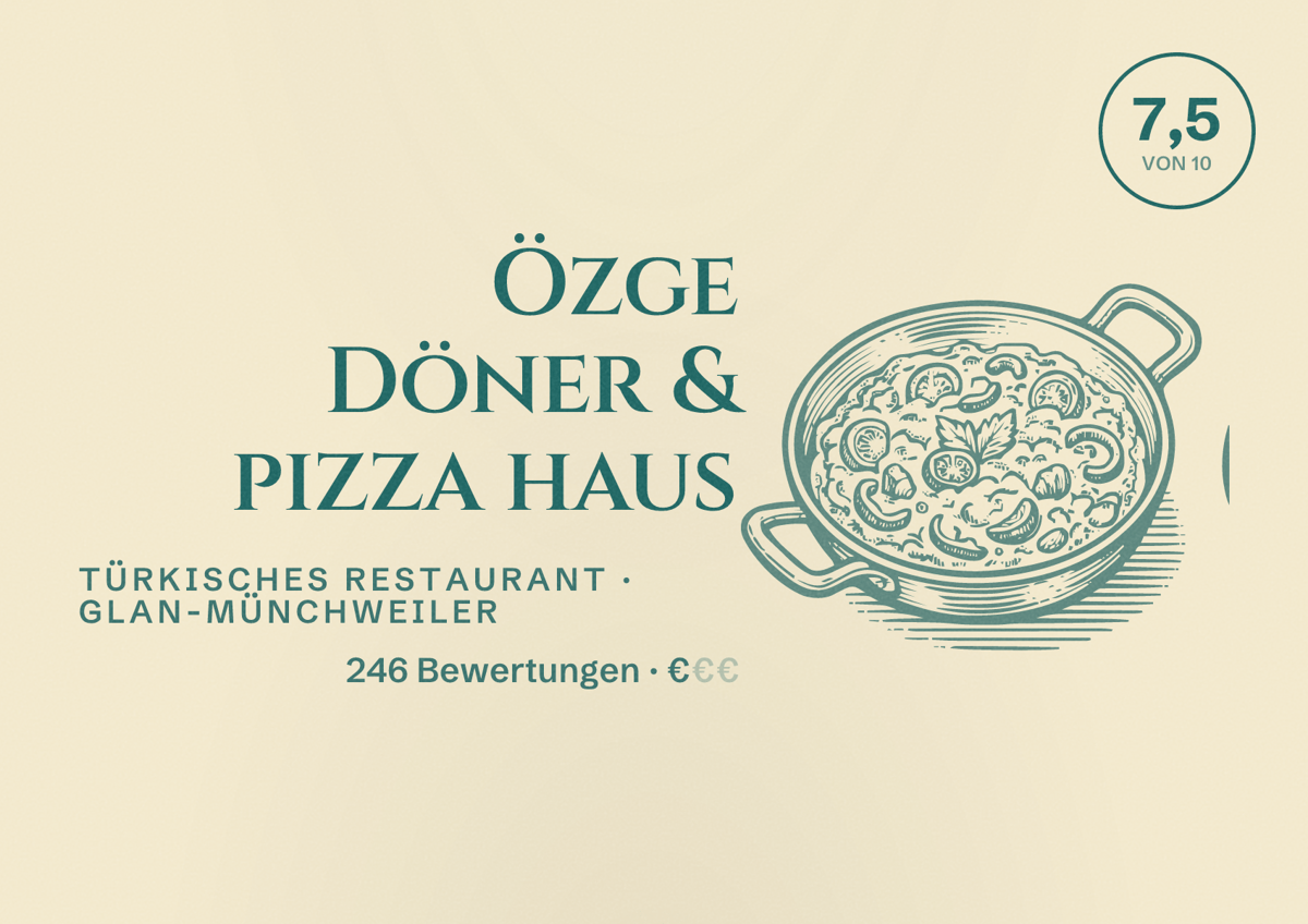Illustriertes Poster von Özge Döner & pizza haus, Türkisches Restaurant in Glan-Münchweiler: Bewertung 7,5 von 10 aus 246 Bewertungen, Preisniveau €
