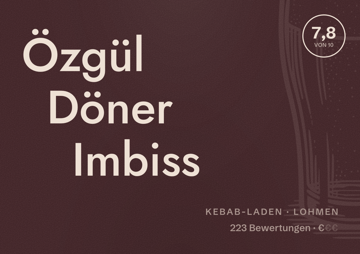 Illustriertes Poster von Özgül Döner Imbiss, Kebab-Laden in Lohmen: Bewertung 7,8 von 10 aus 223 Bewertungen, Preisniveau €