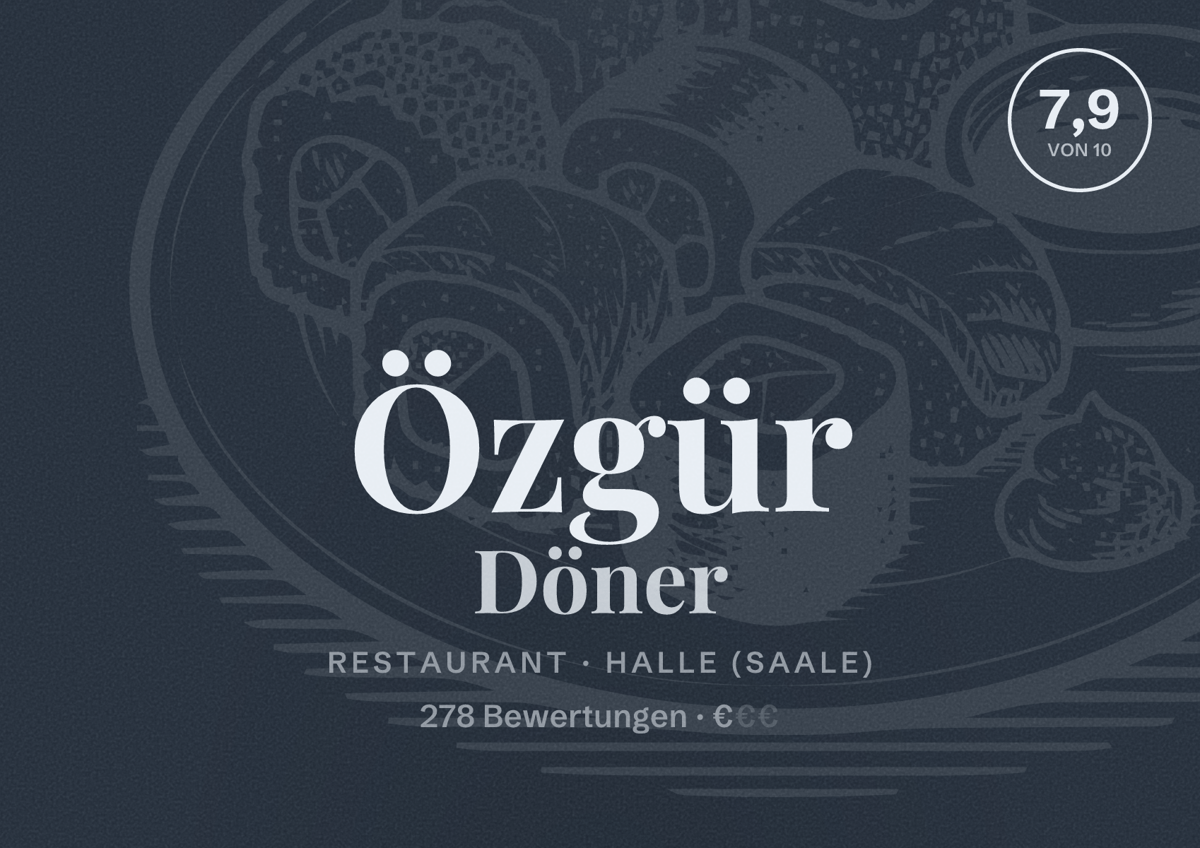 Illustriertes Poster von Özgür Döner, Restaurant in Halle (Saale): Bewertung 7,9 von 10 aus 278 Bewertungen, Preisniveau €