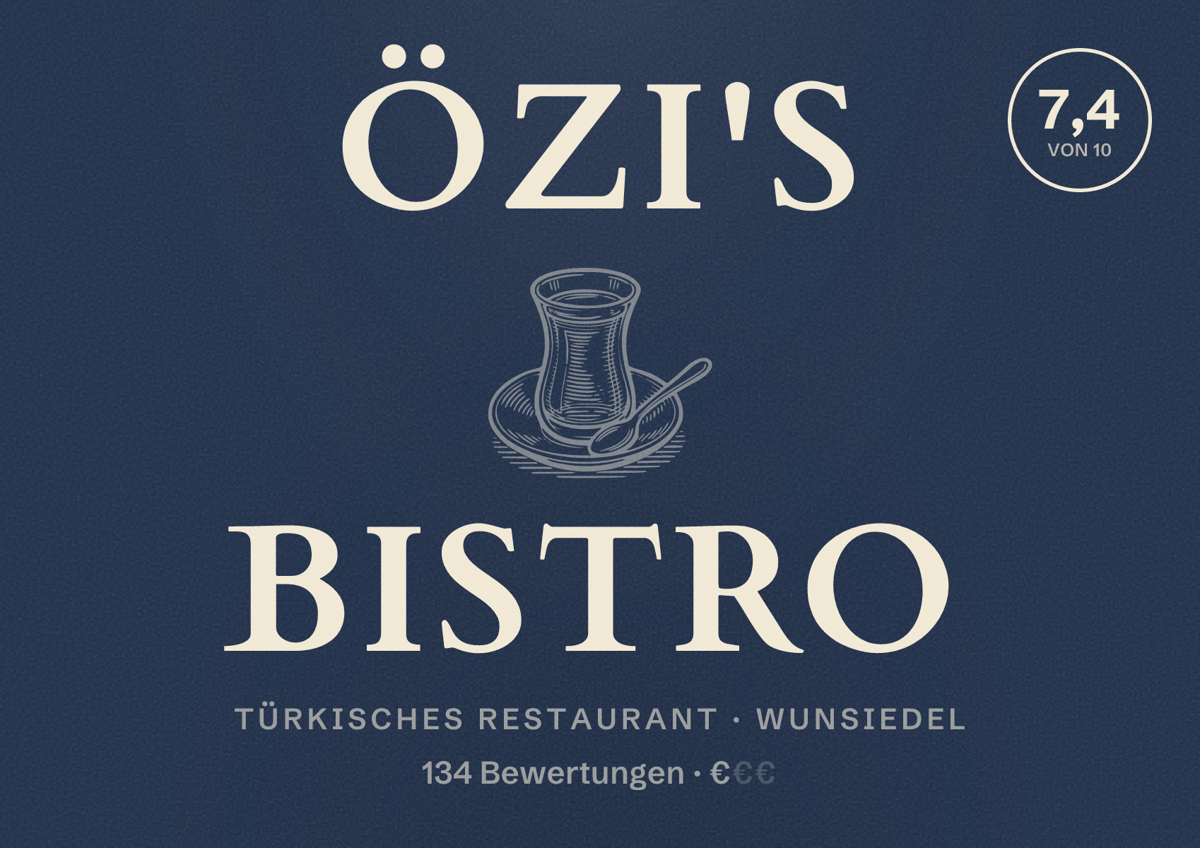 Illustriertes Poster von Özi's Bistro, Türkisches Restaurant in Wunsiedel: Bewertung 7,4 von 10 aus 134 Bewertungen, Preisniveau €