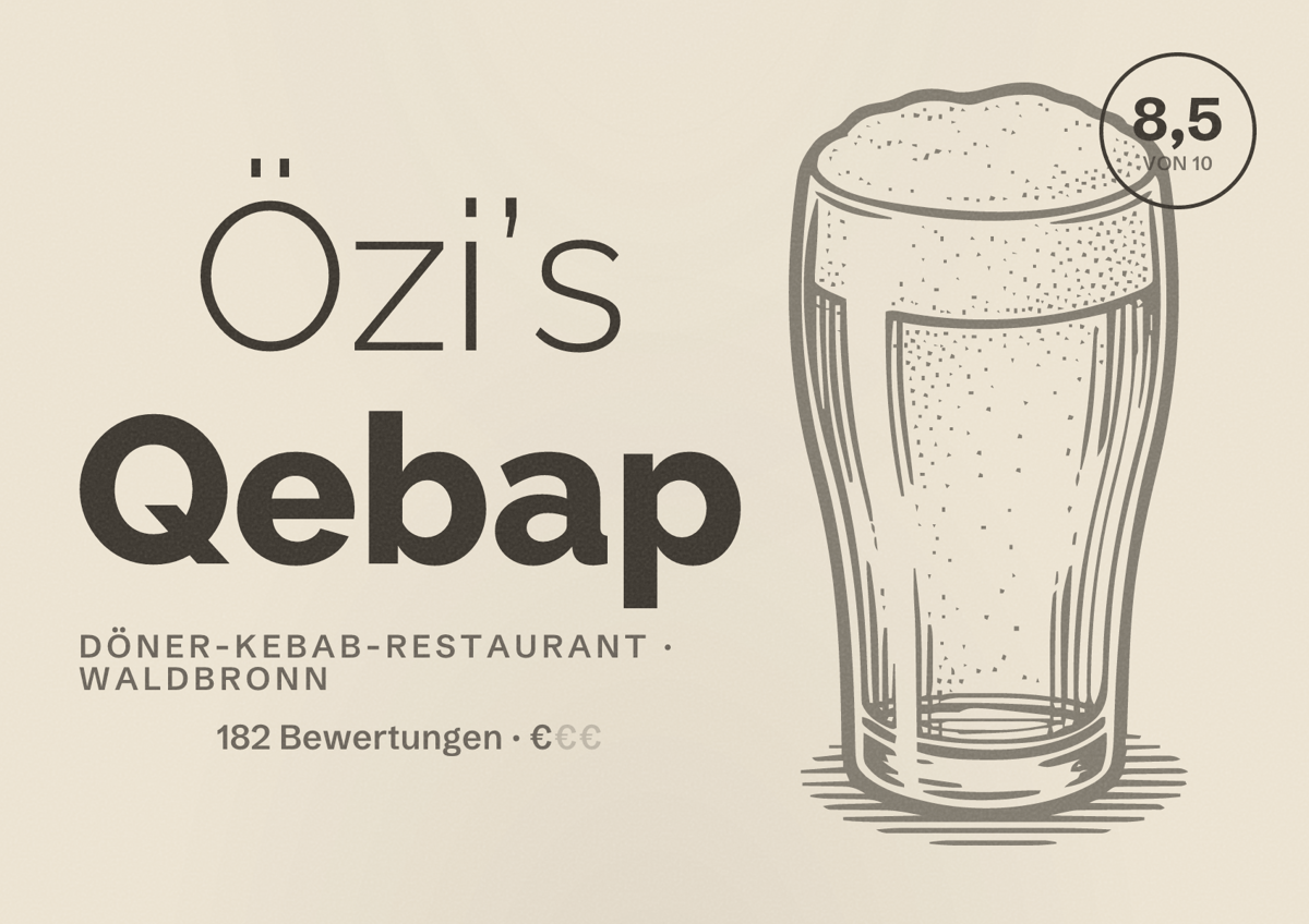 Illustriertes Poster von Özi’s Qebap, Döner-Kebab-Restaurant in Waldbronn: Bewertung 8,5 von 10 aus 182 Bewertungen, Preisniveau €