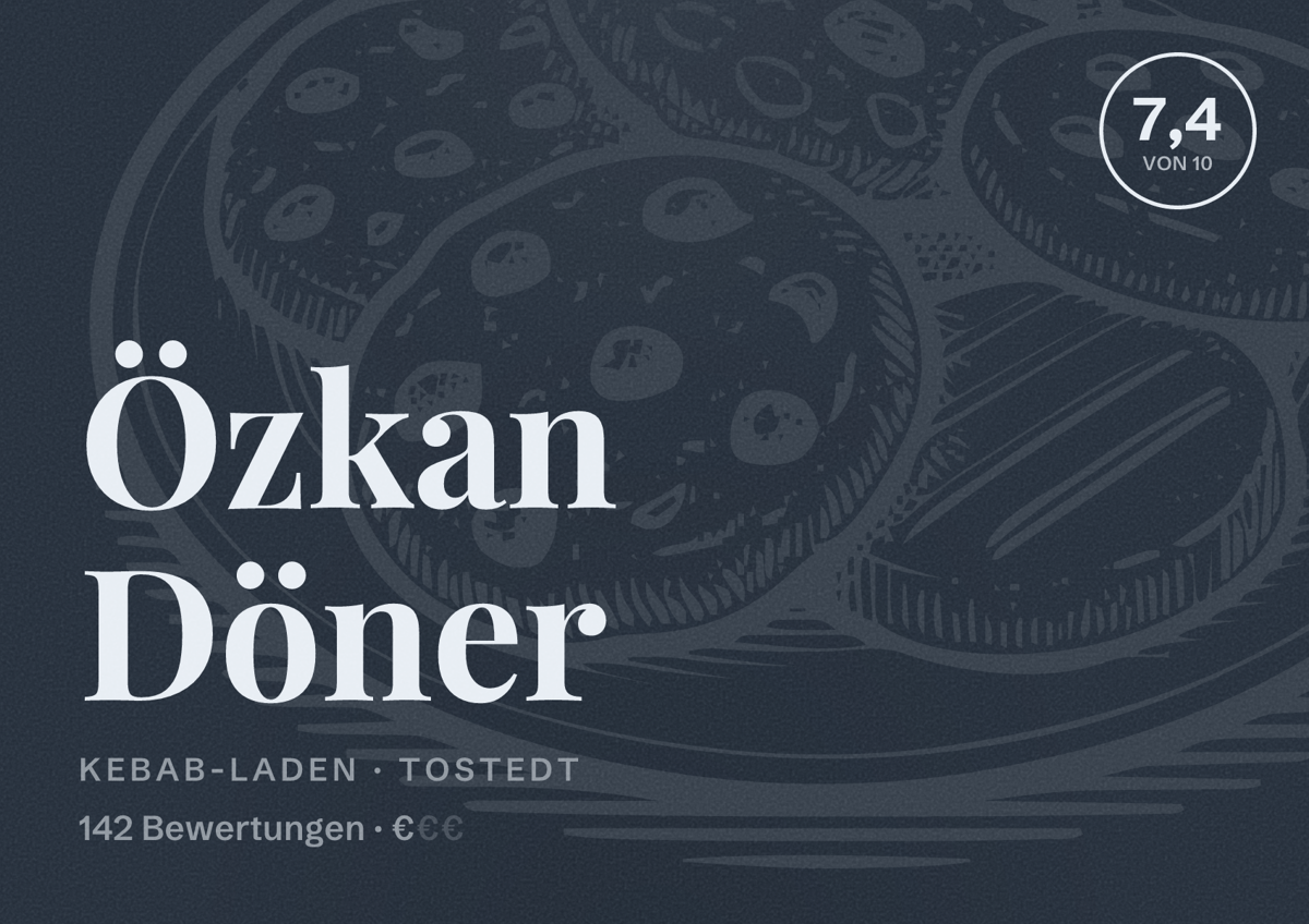 Illustriertes Poster von Özkan Döner, Kebab-Laden in Tostedt: Bewertung 7,4 von 10 aus 142 Bewertungen, Preisniveau €
