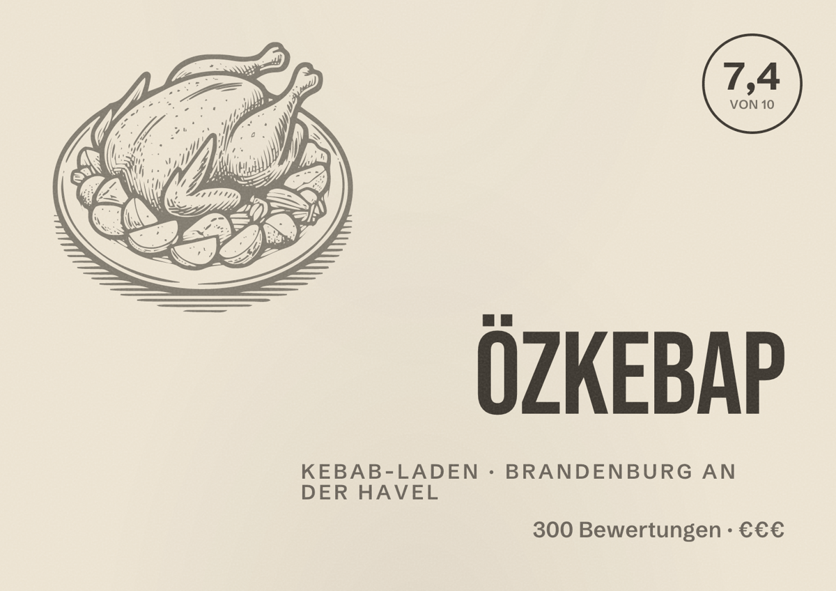 Illustriertes Poster von ÖzKebap, Kebab-Laden in Brandenburg an der Havel: Bewertung 7,4 von 10 aus 300 Bewertungen, Preisniveau €€€