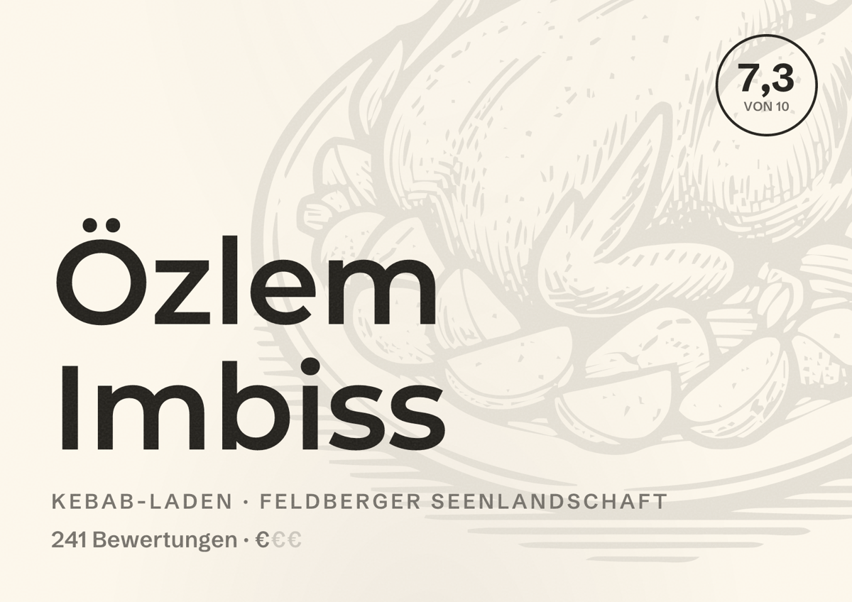 Illustriertes Poster von Özlem Imbiss, Kebab-Laden in Feldberger Seenlandschaft: Bewertung 7,3 von 10 aus 241 Bewertungen, Preisniveau €