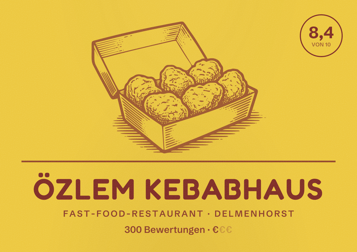 Illustriertes Poster von Özlem kebabhaus, Fast-Food-Restaurant in Delmenhorst: Bewertung 8,4 von 10 aus 300 Bewertungen, Preisniveau €
