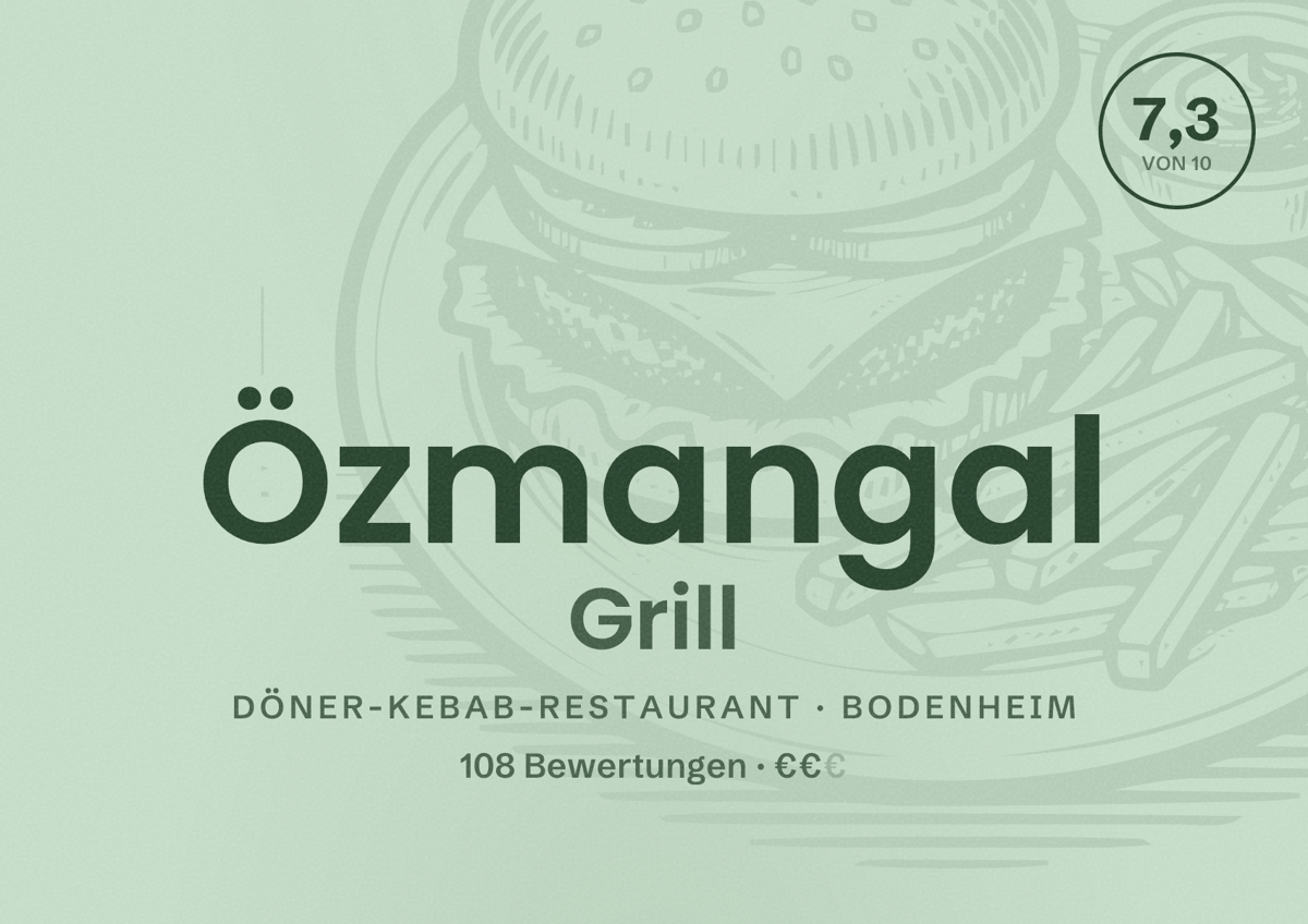 Illustriertes Poster von Özmangal Grill, Döner-Kebab-Restaurant in Bodenheim: Bewertung 7,3 von 10 aus 108 Bewertungen, Preisniveau €€