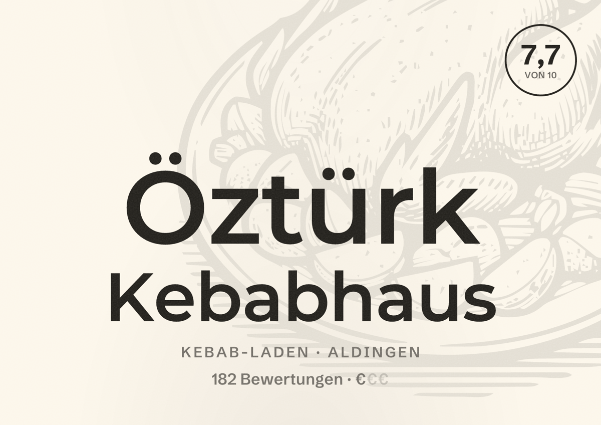 Illustriertes Poster von Öztürk Kebabhaus, Kebab-Laden in Aldingen: Bewertung 7,7 von 10 aus 182 Bewertungen, Preisniveau €